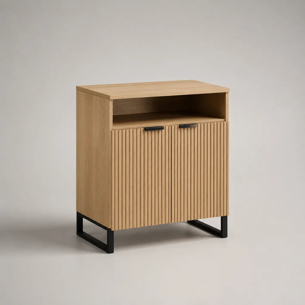 Buffet rectangulaire à 2 portes en panneaux de particules, MDF et acier, chêne naturel et noir, 80 × 40 × 90 cm