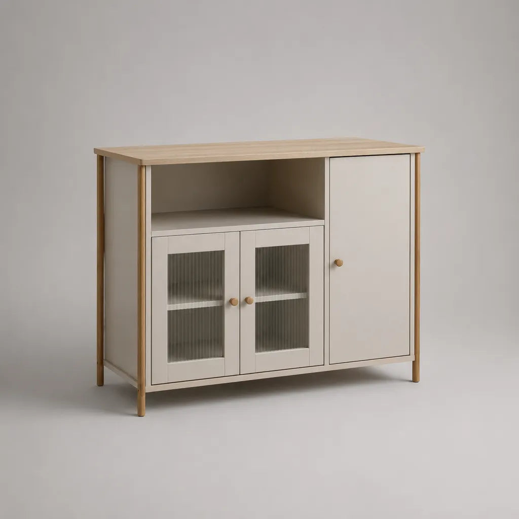 Buffet de rangement 3 portes en MDF, pin massif et verre cannelé, blanc cassé et bois clair, 120 × 40 × 90 cm