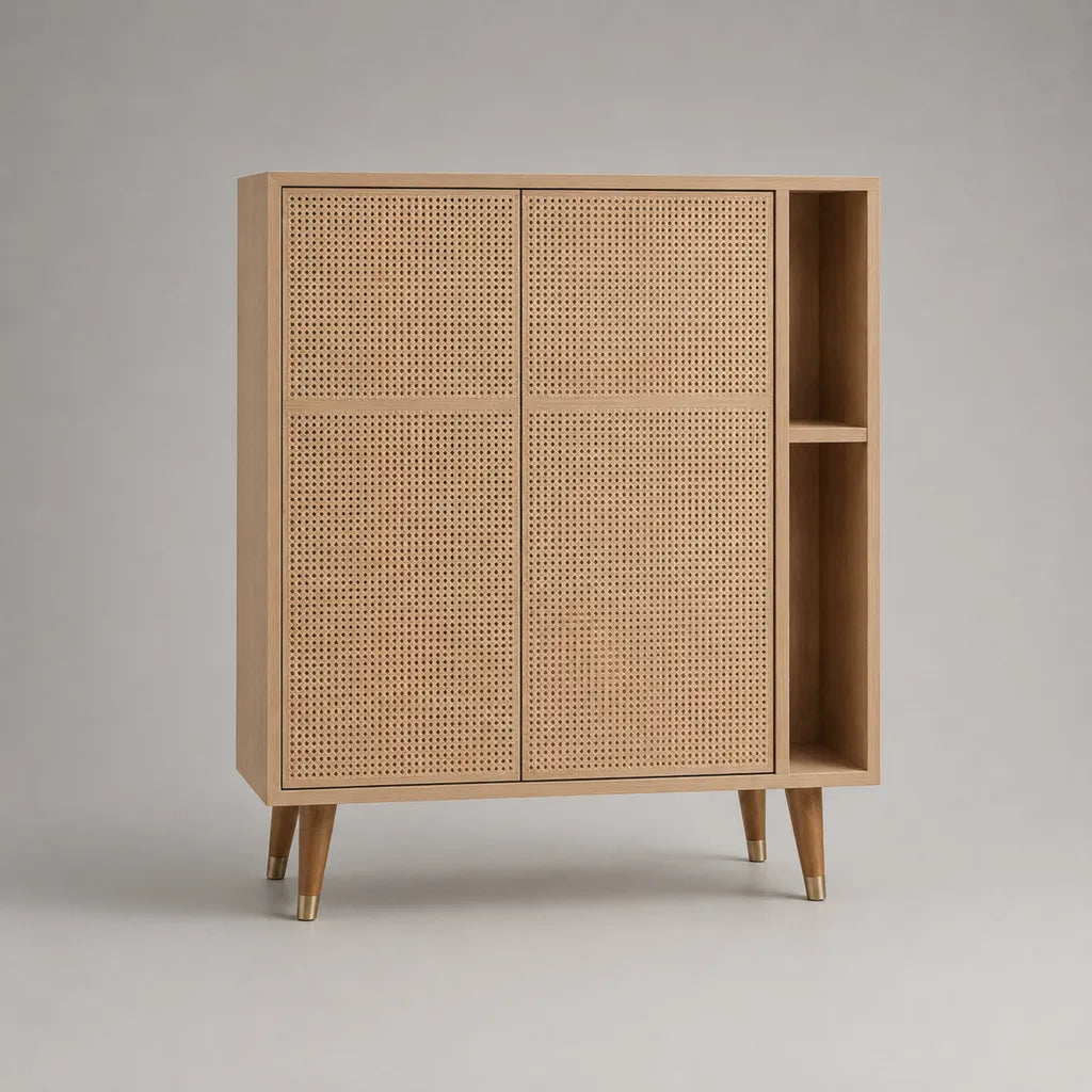 Buffet haut rectangulaire en bois et rotin naturel, 2 portes et 2 niches, naturel et laiton, 100 × 40 × 110 cm