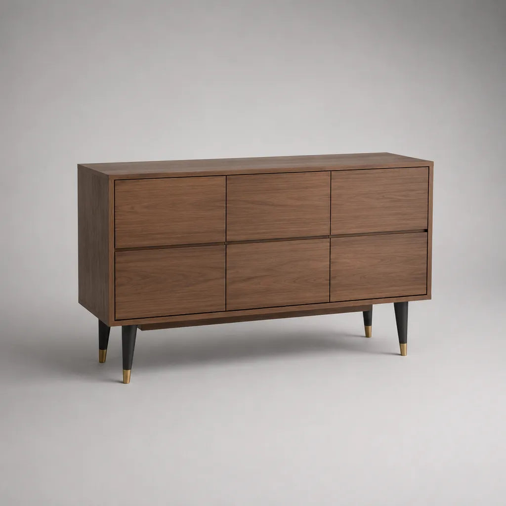 Buffet rectangulaire marron noyer à 6 tiroirs en MDF plaqué noyer, 140 × 40 × 80 cm