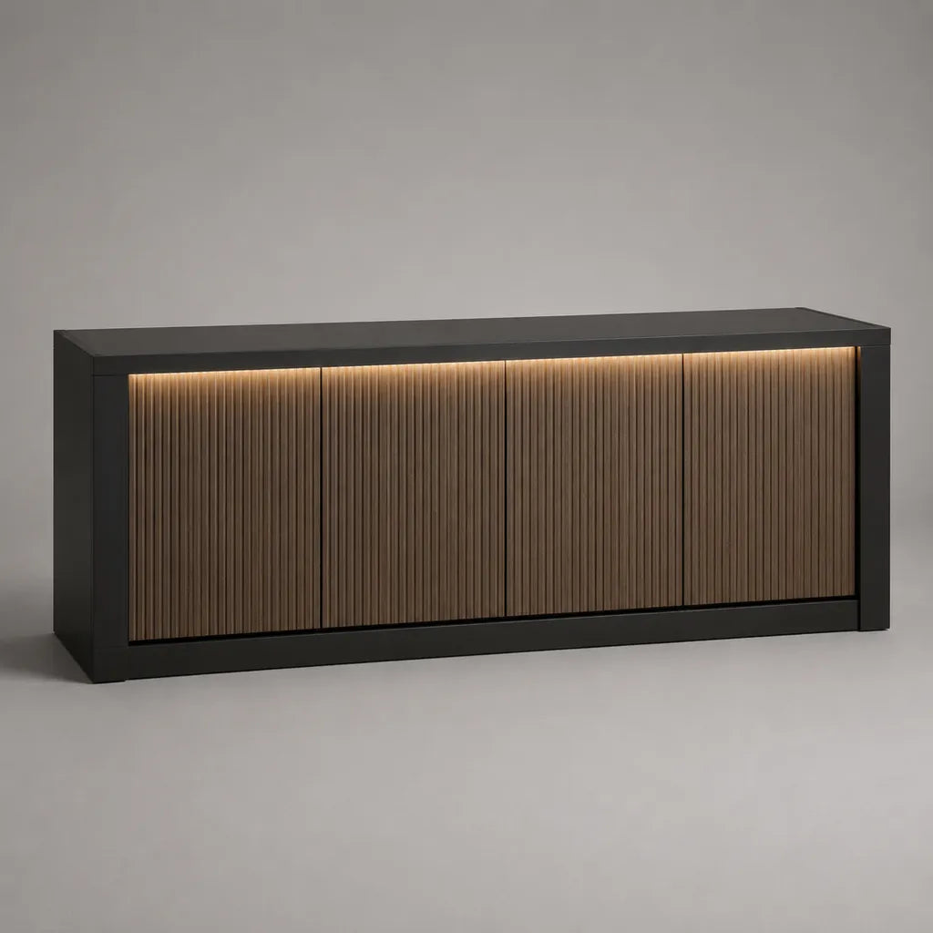 Buffet en bois à 4 portes avec éclairage LED, noir et marron noyer, 180 × 40 × 80 cm