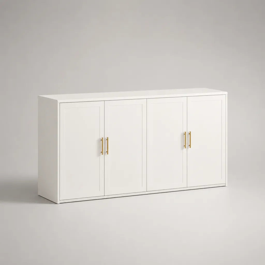 Buffet bas rectangulaire à 4 portes en MDF blanc avec poignées en métal doré, 160 × 40 × 80 cm