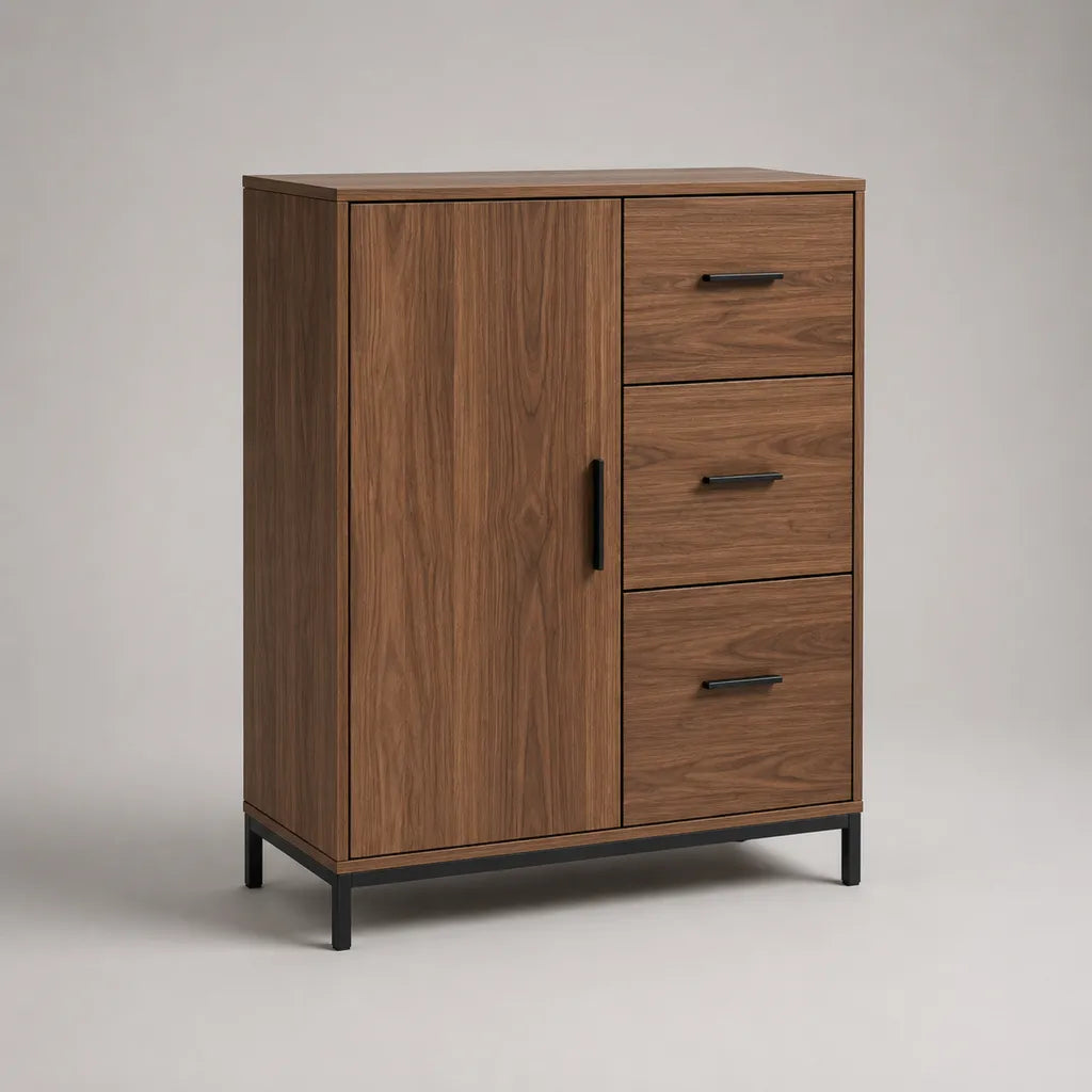 Buffet haut rectangulaire en bois et métal noir, 1 porte et 3 tiroirs, effet noyer, 80 × 40 × 100 cm
