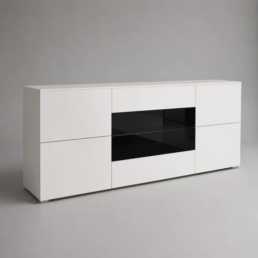 Buffet bas rectangulaire en panneaux de particules et MDF, blanc et noir brillant, 200 × 40 × 80 cm
