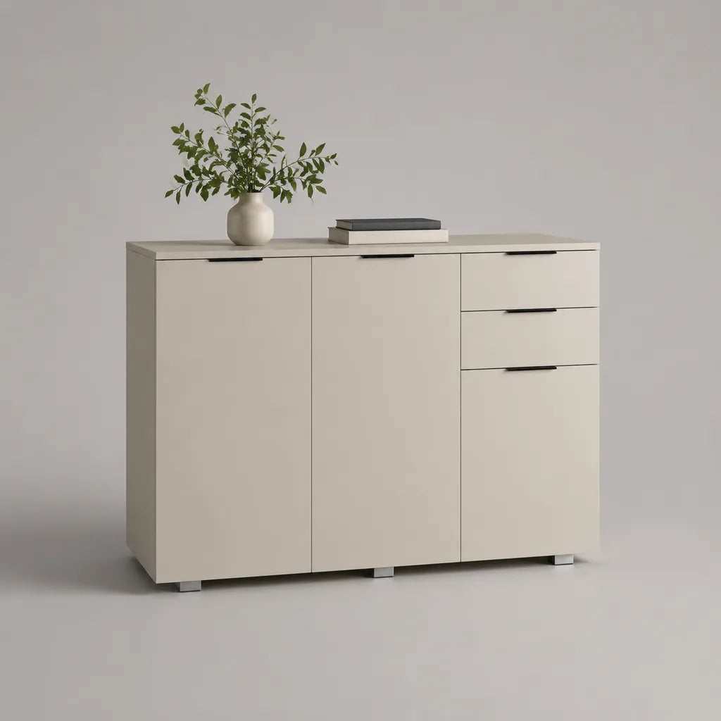 Buffet de rangement beige en panneaux de particules avec 2 portes et 3 tiroirs, 120 × 40 × 85 cm