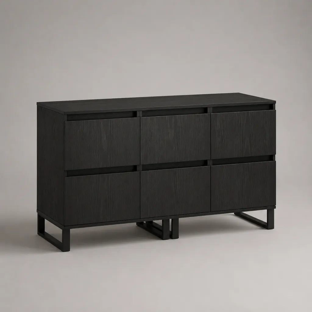 Buffet de rangement rectangulaire à 6 portes en MDF plaqué frêne et acier noir, 140 × 40 × 90 cm