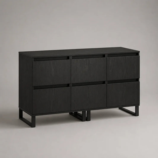 Buffet de rangement rectangulaire à 6 portes en MDF plaqué frêne et acier noir, 140 × 40 × 90 cm