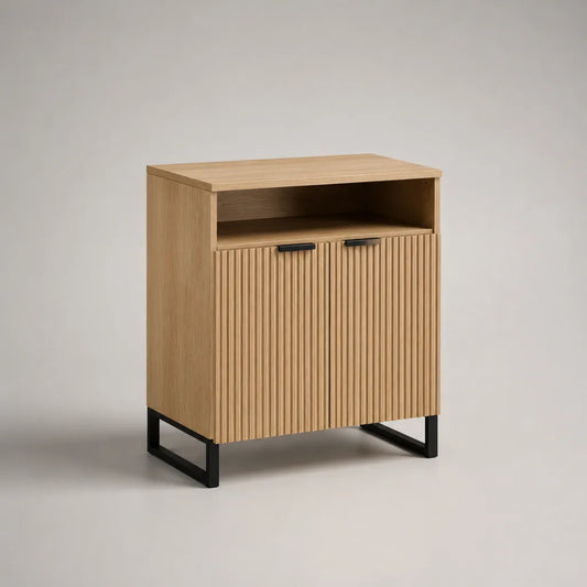 Buffet rectangulaire à 2 portes en panneaux de particules, MDF et acier, chêne naturel et noir, 80 × 40 × 90 cm