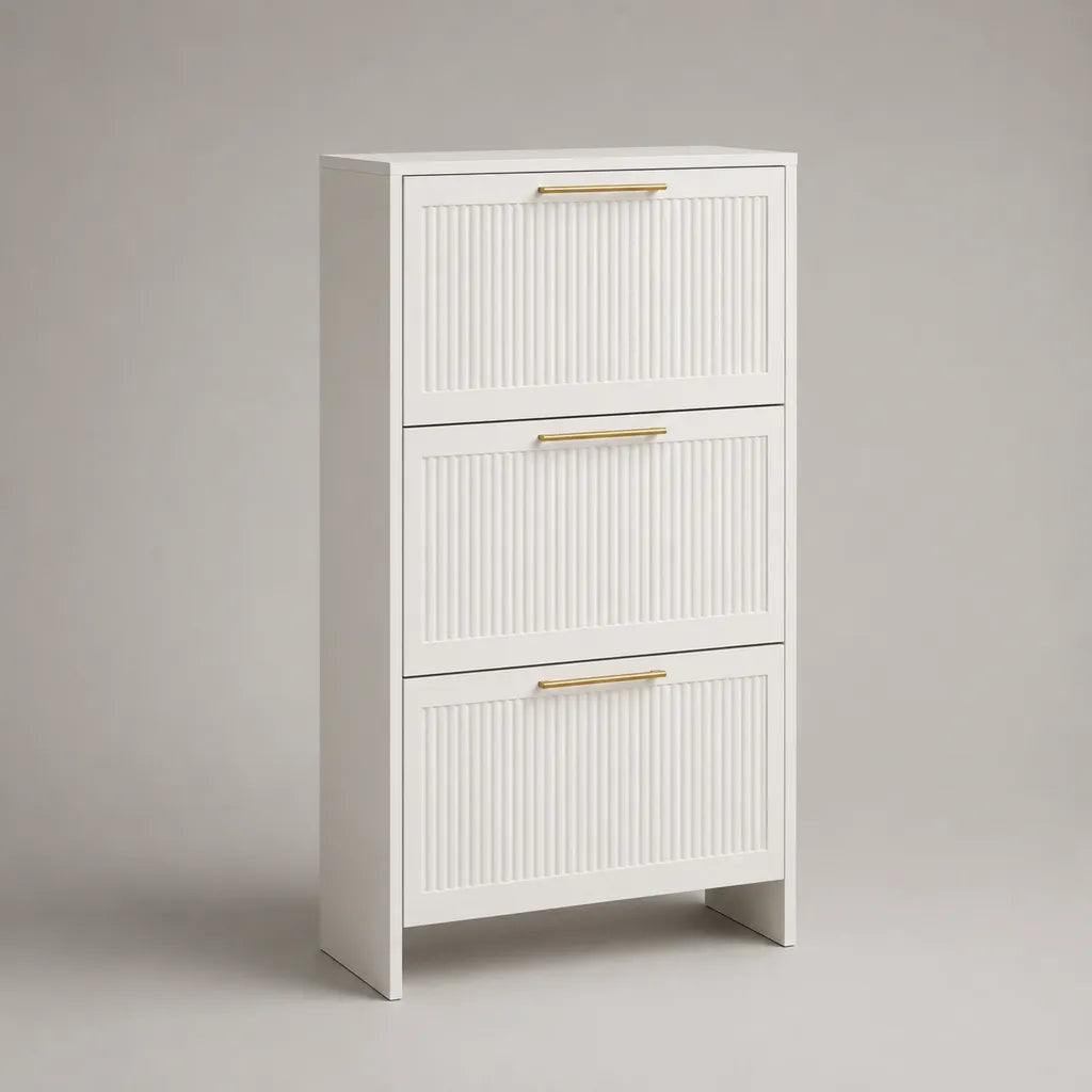 Meuble à chaussures en MDF blanc à 3 abattants avec poignées dorées, 60 × 24 × 120 cm