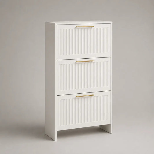 Meuble à chaussures en MDF blanc à 3 abattants avec poignées dorées, 60 × 24 × 120 cm