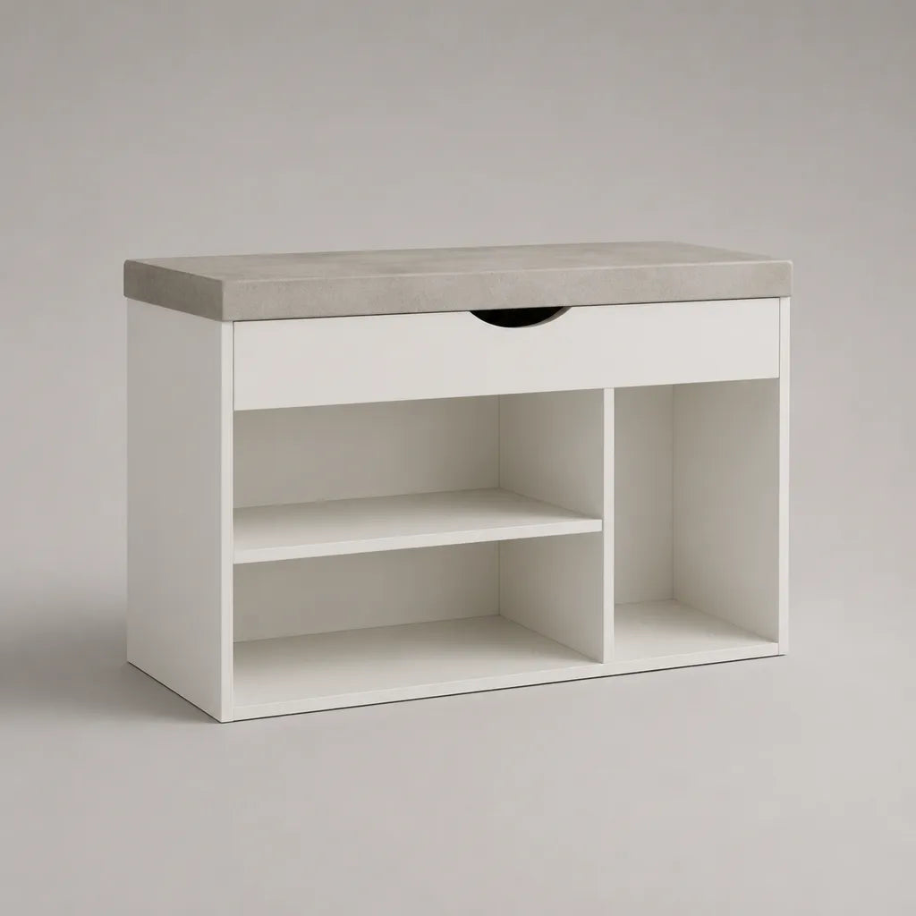 Meuble à chaussures avec banc rembourré en panneaux de particules et polyester, blanc et gris clair, 80 × 30 × 50 cm