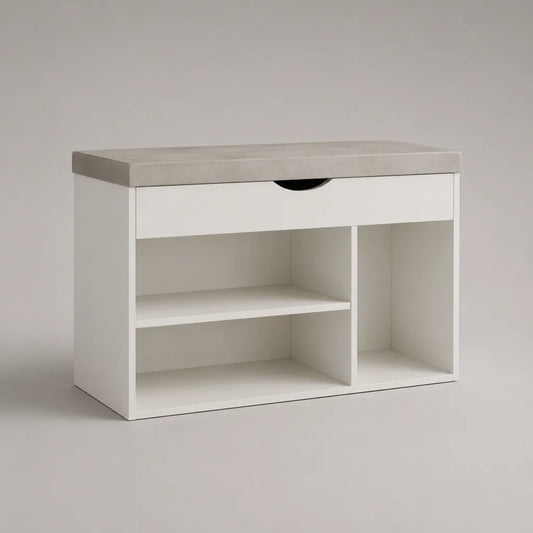 Meuble à chaussures avec banc rembourré en panneaux de particules et polyester, blanc et gris clair, 80 × 30 × 50 cm