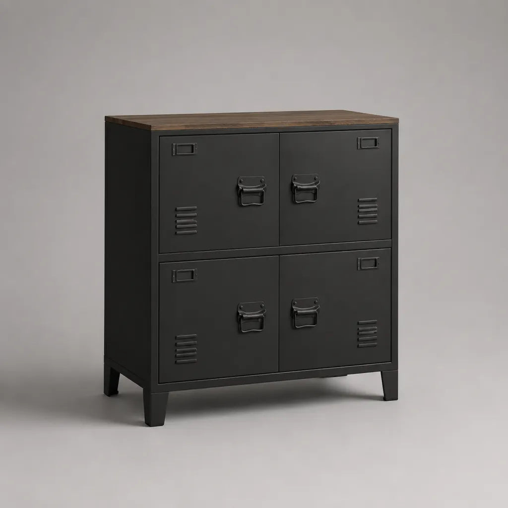Buffet de rangement rectangulaire à 4 portes en acier et MDF, noir mat et brun chêne, 80 × 35 × 90 cm