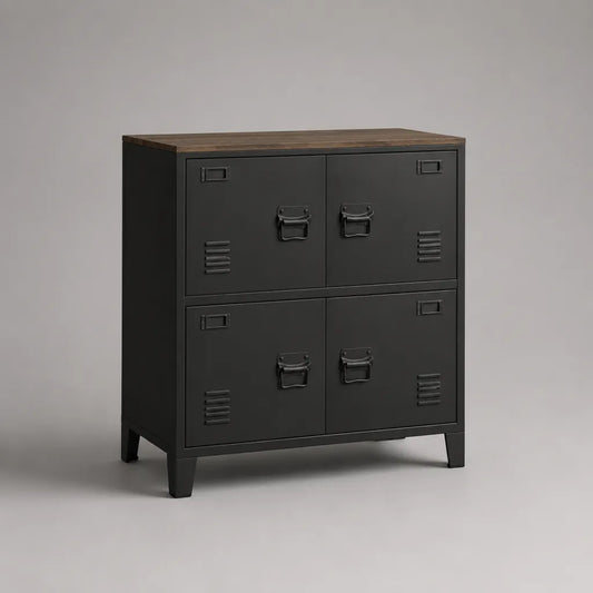 Buffet de rangement rectangulaire à 4 portes en acier et MDF, noir mat et brun chêne, 80 × 35 × 90 cm