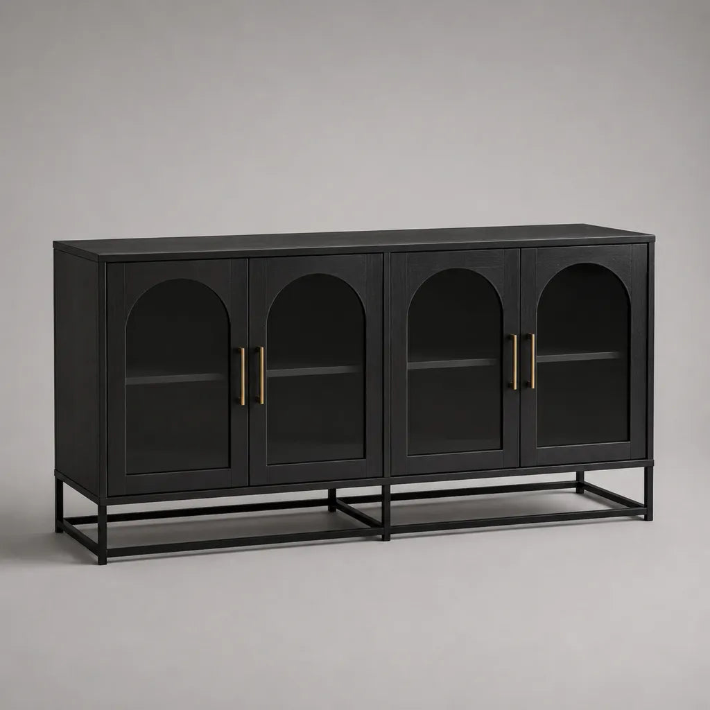 Buffet bas rectangulaire à 4 portes vitrées en MDF et acier noir, 160 × 40 × 85 cm