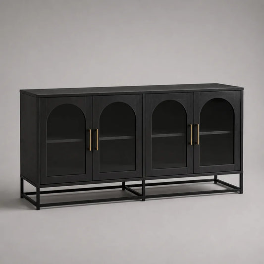 Buffet bas rectangulaire à 4 portes vitrées en MDF et acier noir, 160 × 40 × 85 cm