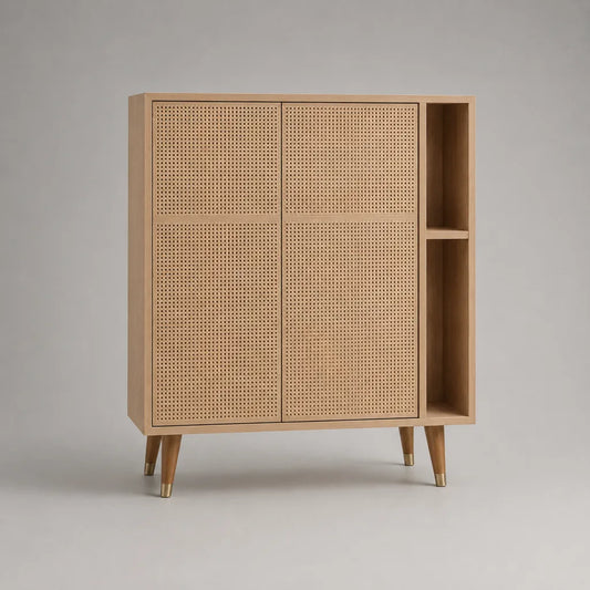 Buffet haut rectangulaire en bois et rotin naturel, 2 portes et 2 niches, naturel et laiton, 100 × 40 × 110 cm