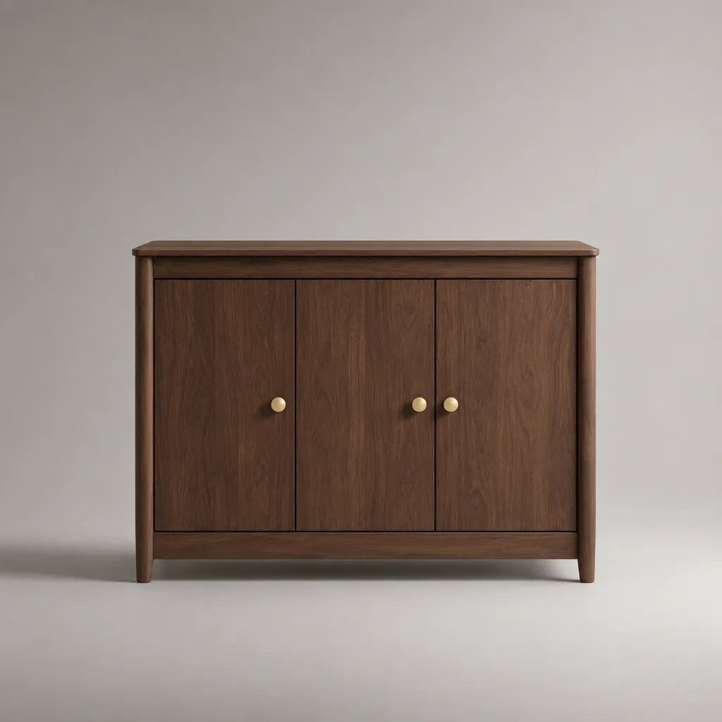 Buffet de rangement rectangulaire 3 portes en MDF plaqué noyer brun et laiton, 120 × 40 × 85 cm