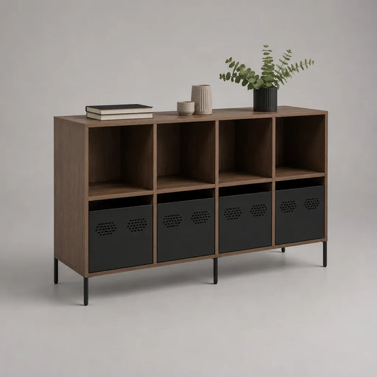 Buffet de rangement en bois et métal à 8 compartiments, brun noyer et noir, 120 × 35 × 90 cm
