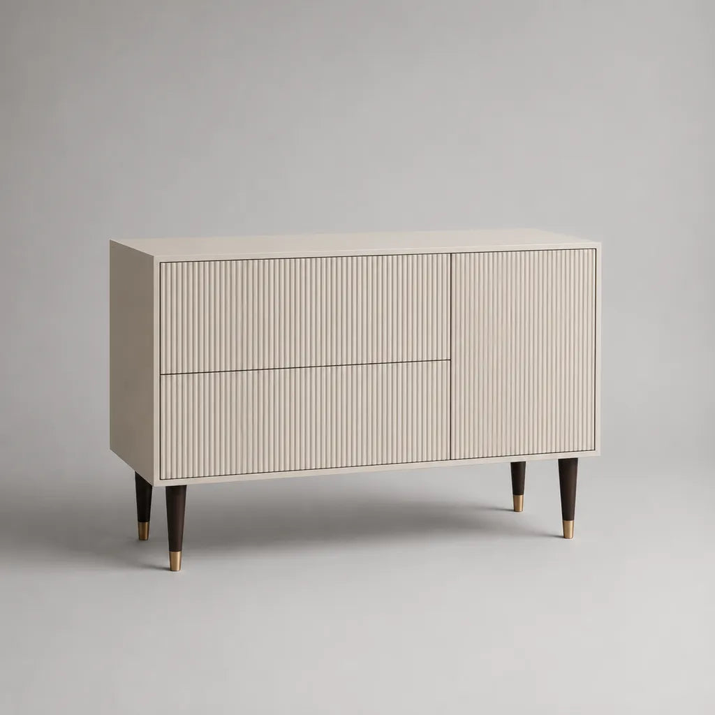 Buffet bas rectangulaire en MDF rainuré beige avec 2 tiroirs et 1 porte, 120 × 40 × 80 cm