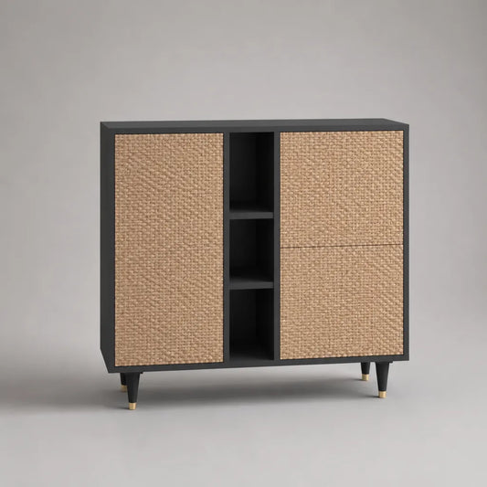 Buffet haut de rangement en bois et rotin naturel, 1 porte, 2 tiroirs et 3 niches, noir, beige et doré, 120 × 40 × 100 cm