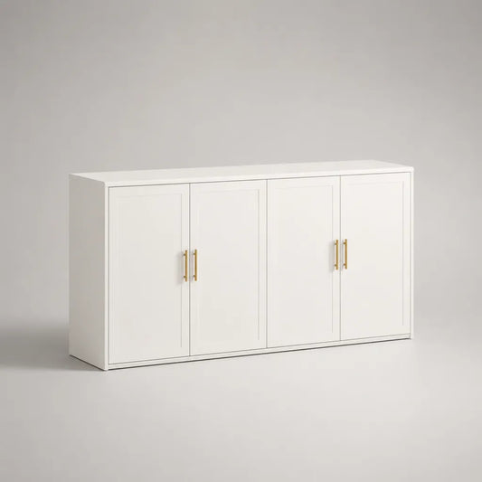 Buffet bas rectangulaire à 4 portes en MDF blanc avec poignées en métal doré, 160 × 40 × 80 cm