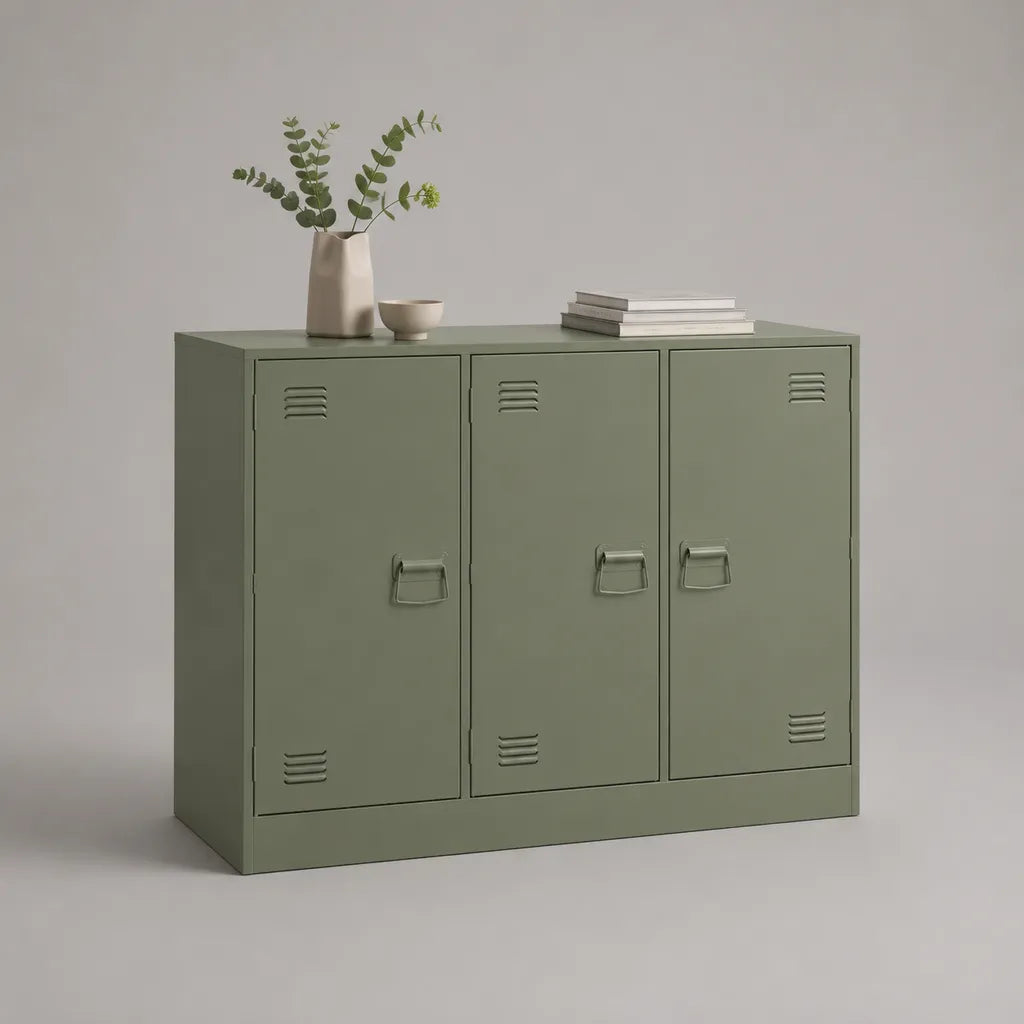 Buffet bas rectangulaire en acier à 3 portes, vert olive, 120 × 40 × 85 cm