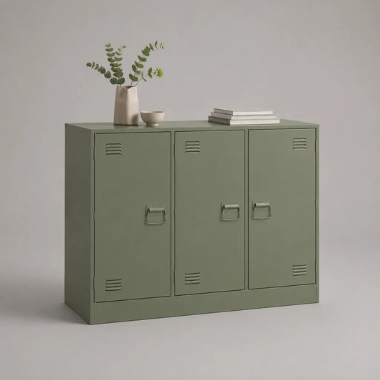 Buffet bas rectangulaire en acier à 3 portes, vert olive, 120 × 40 × 85 cm