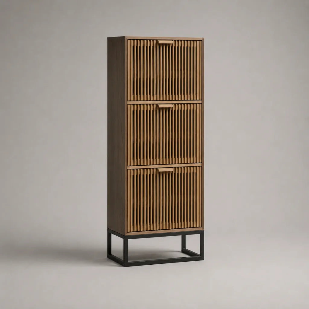 Meuble à chaussures vertical en MDF et acier, 3 abattants, brun noyer/noir, 60 × 35 × 150 cm