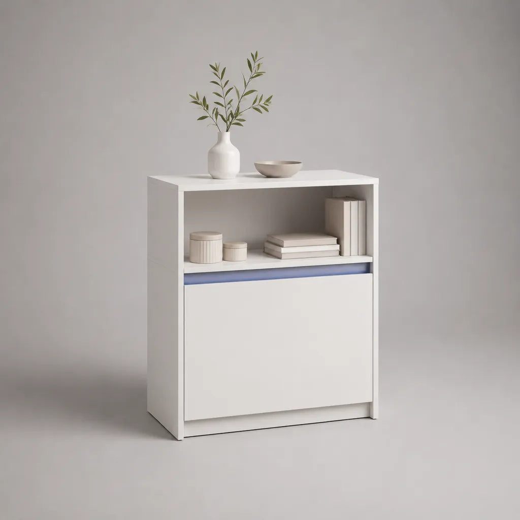 Buffet de rangement rectangulaire en panneaux de particules, 1 abattant et 1 niche, blanc et bleu, 80 × 35 × 90 cm