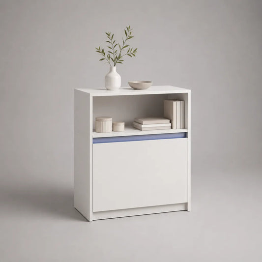 Buffet de rangement rectangulaire en panneaux de particules, 1 abattant et 1 niche, blanc et bleu, 80 × 35 × 90 cm