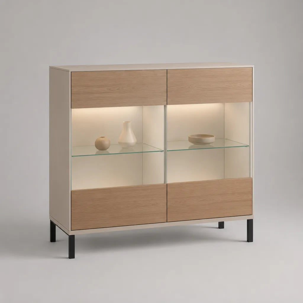 Buffet vitrine LED rectangulaire en MDF plaqué chêne, verre trempé et acier, beige, chêne clair, noir et transparent, 120 × 40 × 140 cm