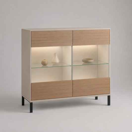 Buffet vitrine LED rectangulaire en MDF plaqué chêne, verre trempé et acier, beige, chêne clair, noir et transparent, 120 × 40 × 140 cm