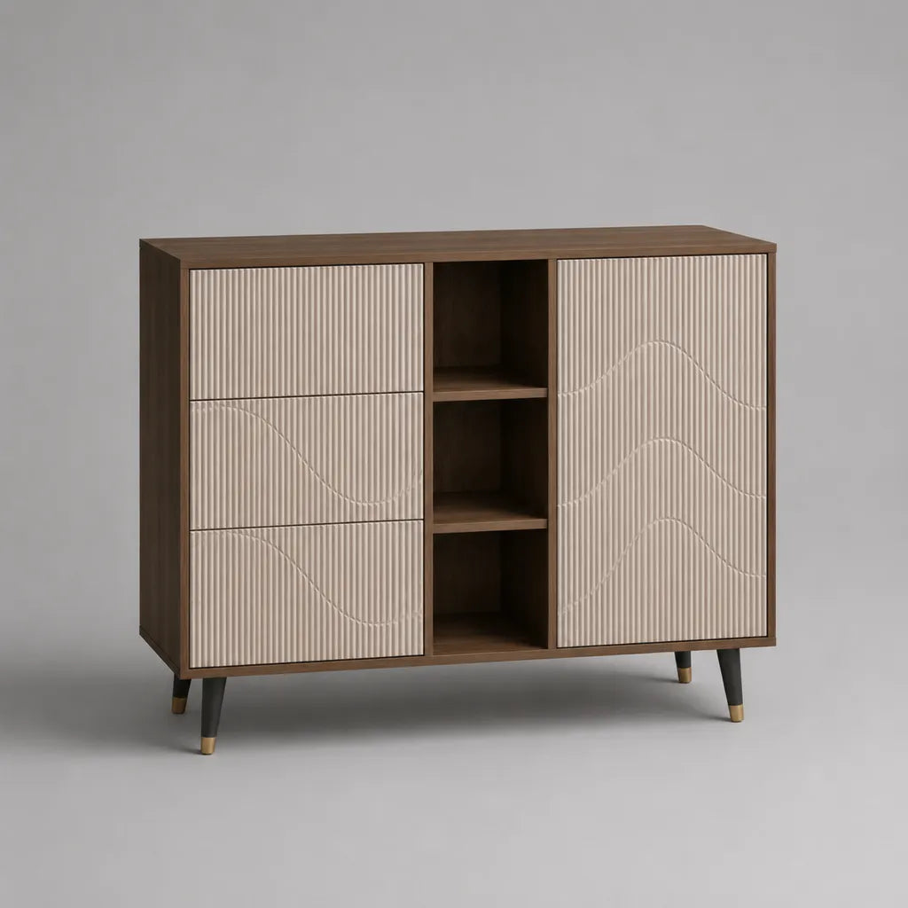 Buffet de rangement en MDF plaqué noyer avec 3 tiroirs, 1 porte et 3 niches, beige et marron, 120 × 40 × 90 cm