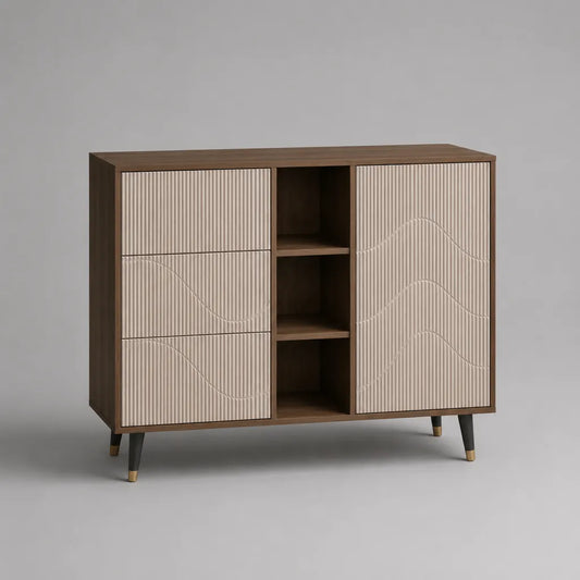 Buffet de rangement en MDF plaqué noyer avec 3 tiroirs, 1 porte et 3 niches, beige et marron, 120 × 40 × 90 cm