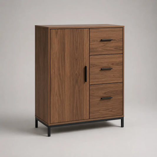 Buffet haut rectangulaire en bois et métal noir, 1 porte et 3 tiroirs, effet noyer, 80 × 40 × 100 cm
