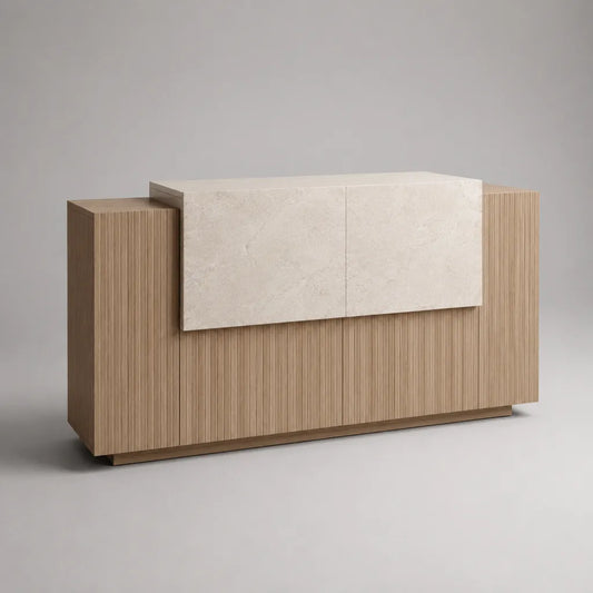 Buffet de rangement à 2 portes en MDF plaqué chêne et stratifié effet travertin, beige et chêne clair, 180 x 45 x 90 cm