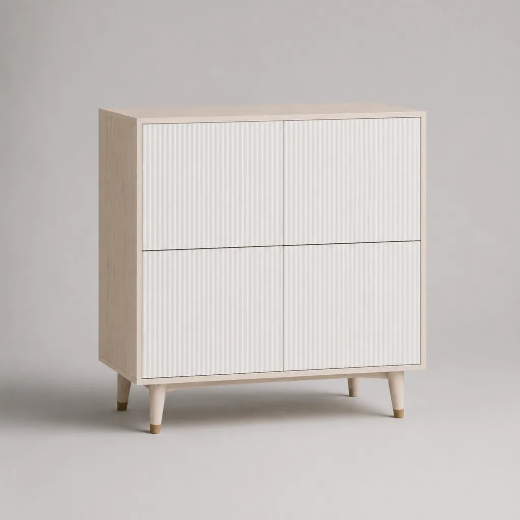 Buffet haut 4 portes en MDF blanc et bois chêne clair, 90 × 40 × 105 cm