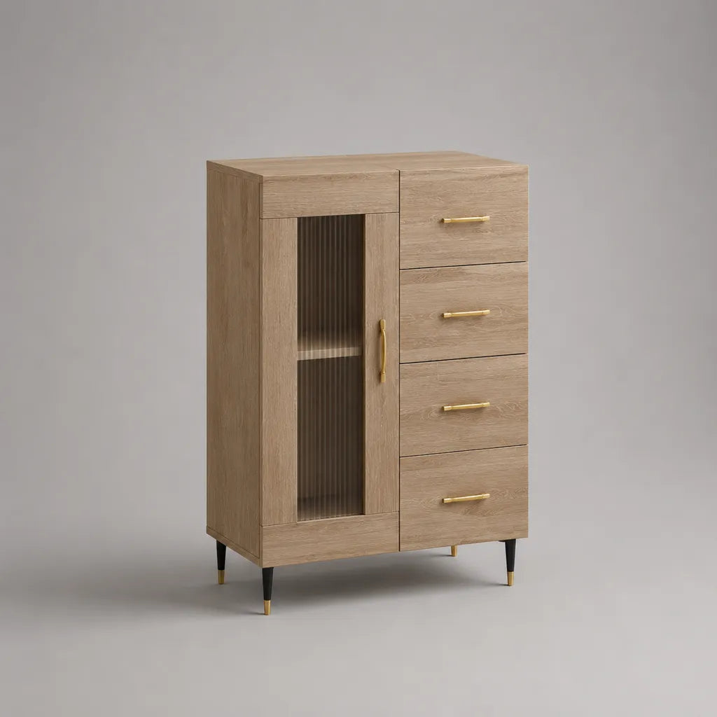 Buffet haut rectangulaire à 4 tiroirs et 1 porte en panneaux de particules décor chêne clair et verre strié brun fumé, 80 × 40 × 120 cm