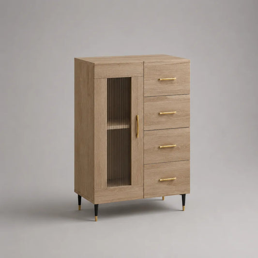 Buffet haut rectangulaire à 4 tiroirs et 1 porte en panneaux de particules décor chêne clair et verre strié brun fumé, 80 × 40 × 120 cm