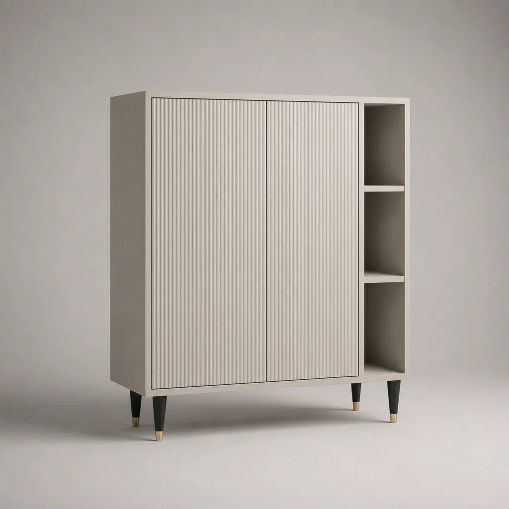 Buffet haut rectangulaire en MDF cannelé, 2 portes et 3 niches, beige, noir et doré, 120 × 40 × 140 cm