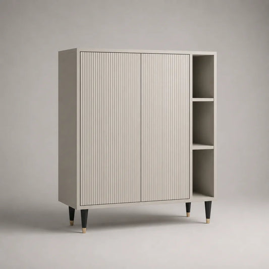 Buffet haut rectangulaire en MDF cannelé, 2 portes et 3 niches, beige, noir et doré, 120 × 40 × 140 cm
