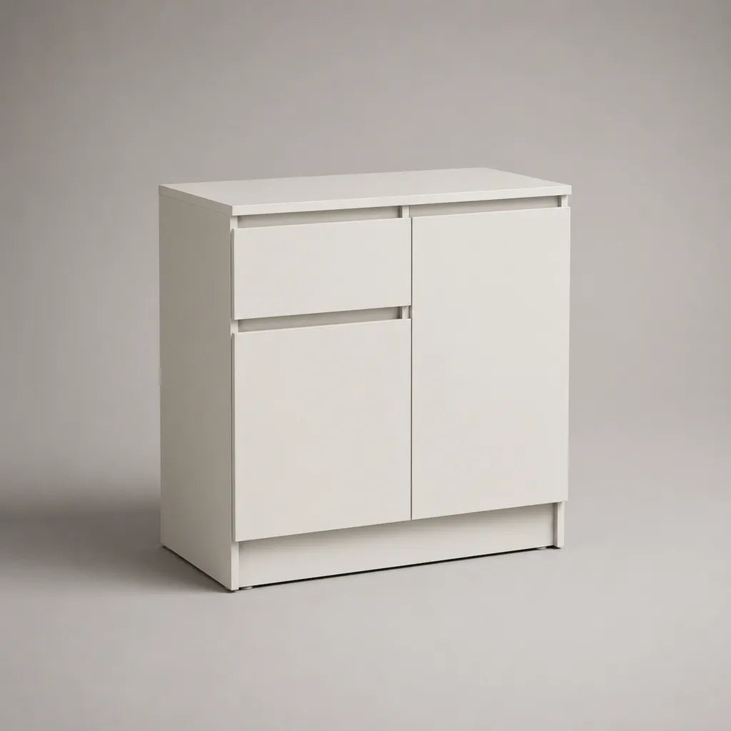 Buffet bas rectangulaire à 3 portes en panneaux de particules blanc, 80 × 35 × 85 cm
