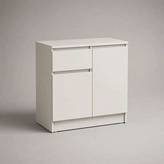 Buffet bas rectangulaire à 3 portes en panneaux de particules blanc, 80 × 35 × 85 cm
